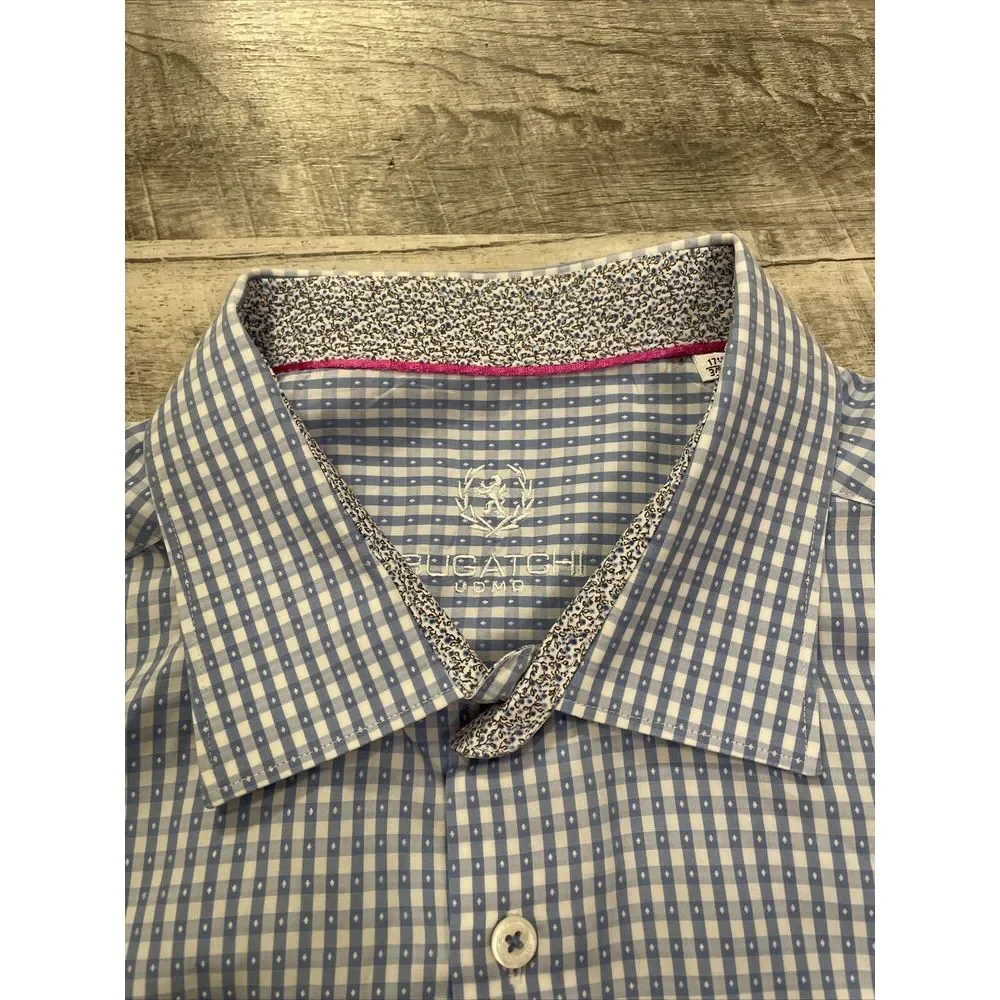 Bugatchi Uomo Dress Shirt Men's‎ Size 17.5 34 Flip Cuff Long Sleeve Blue Lion
